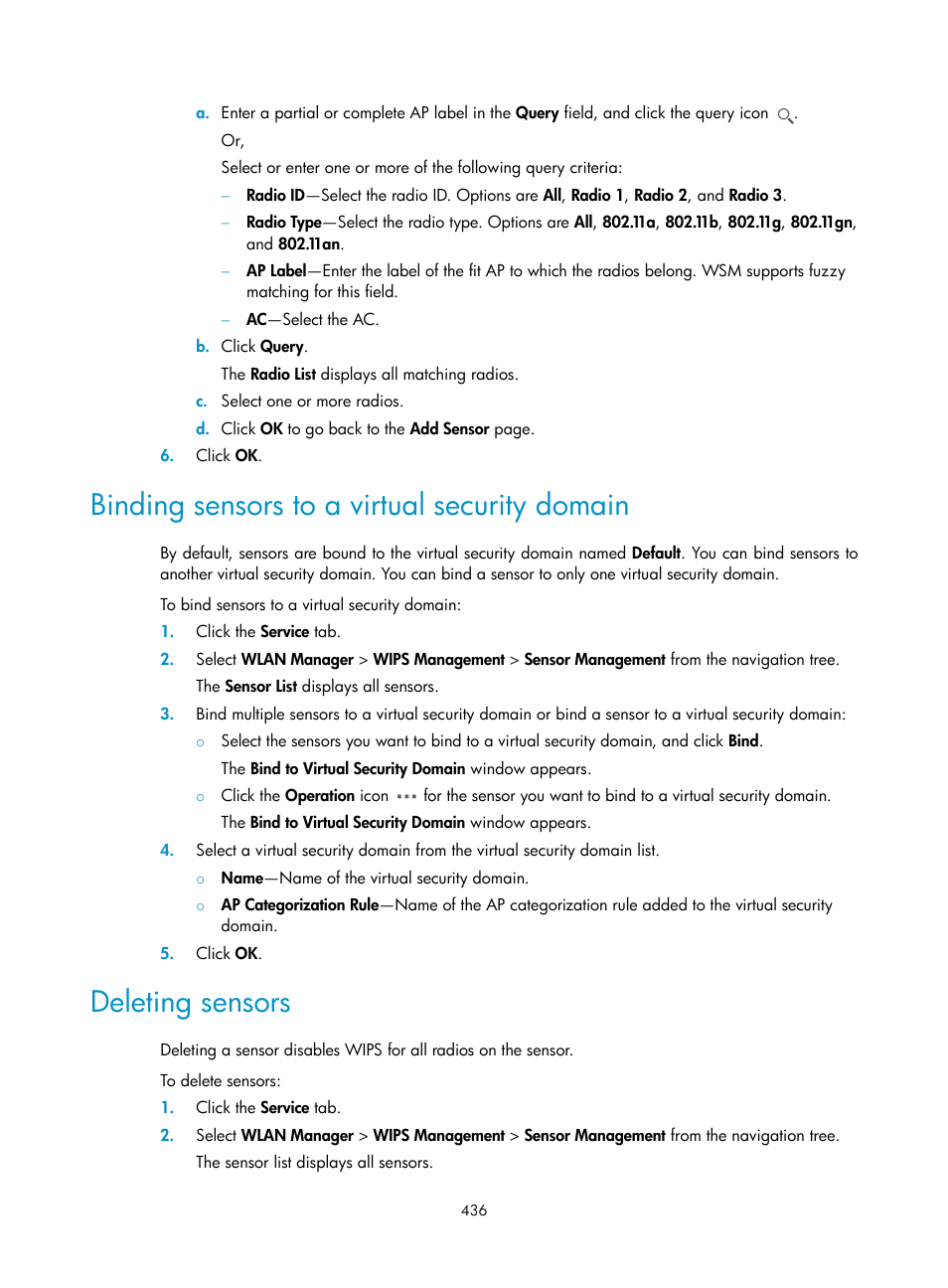 Binding sensors to a virtual security domain, Deleting sensors | H3C Technologies H3C Intelligent Management Center User Manual | Page 458 / 751