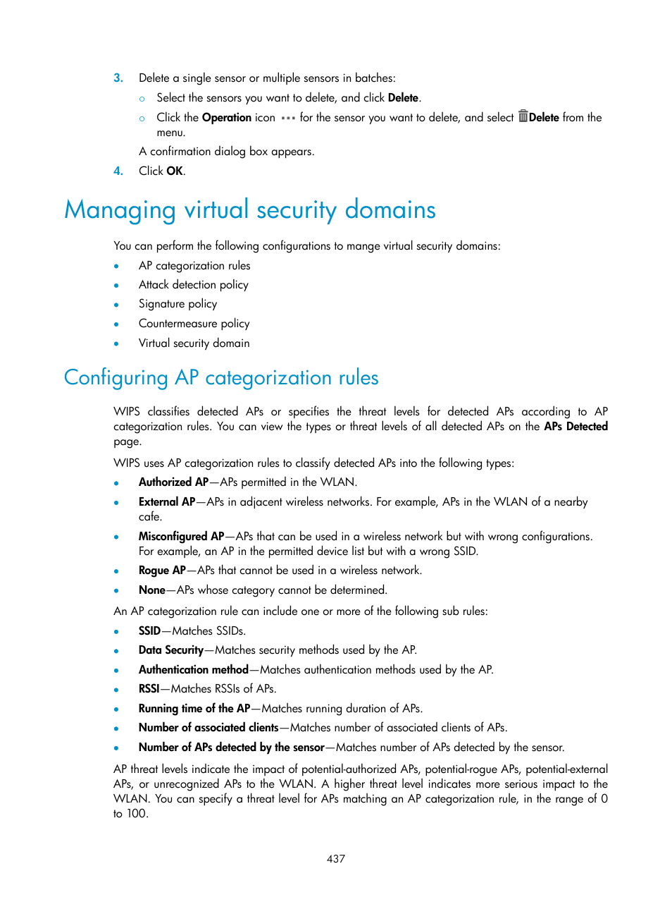 Managing virtual security domains, Configuring ap categorization rules | H3C Technologies H3C Intelligent Management Center User Manual | Page 459 / 751