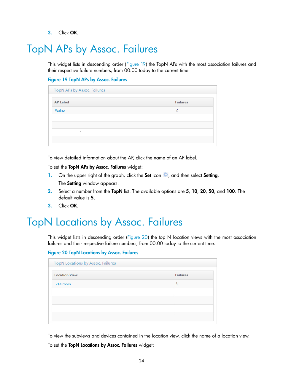 Topn aps by assoc. failures, Topn locations by assoc. failures | H3C Technologies H3C Intelligent Management Center User Manual | Page 46 / 751