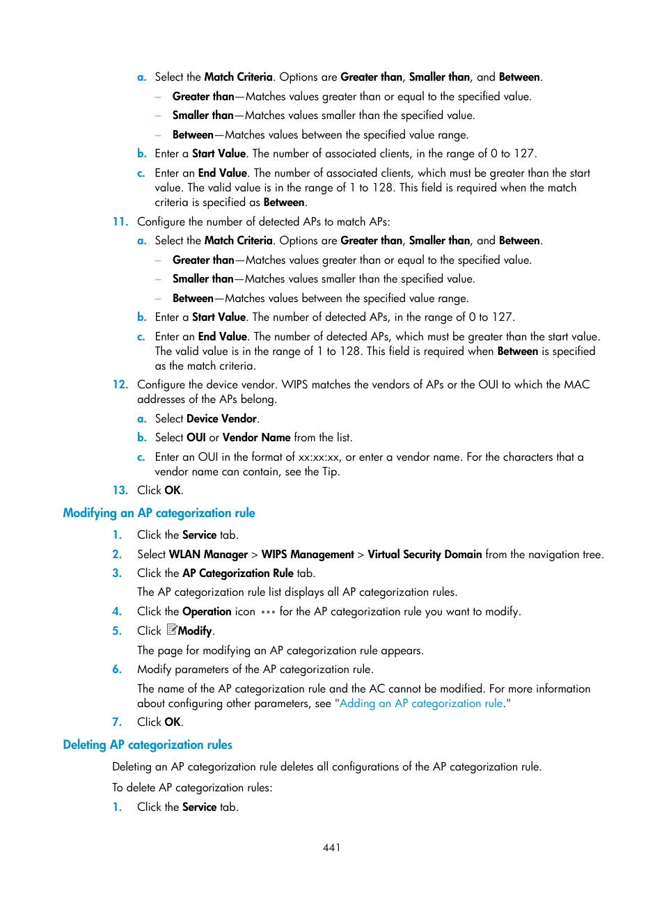 Modifying an ap categorization rule, Deleting ap categorization rules | H3C Technologies H3C Intelligent Management Center User Manual | Page 463 / 751