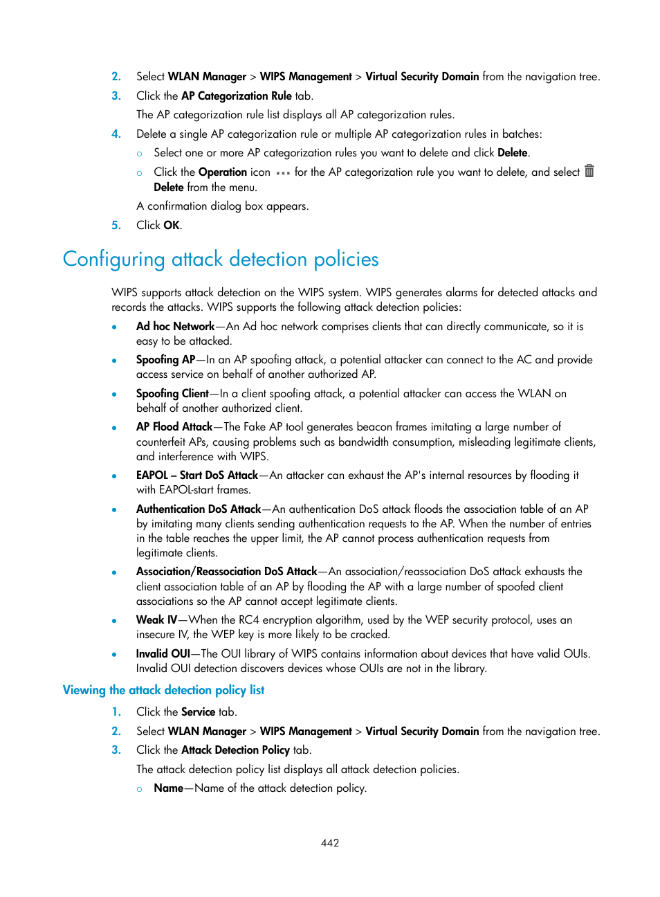 Configuring attack detection policies, Viewing the attack detection policy list | H3C Technologies H3C Intelligent Management Center User Manual | Page 464 / 751