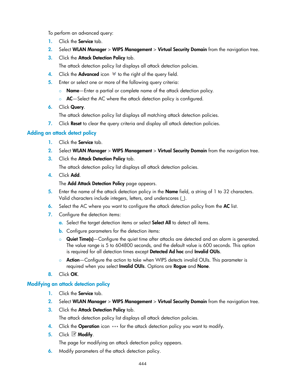 Adding an attack detect policy, Modifying an attack detection policy | H3C Technologies H3C Intelligent Management Center User Manual | Page 466 / 751