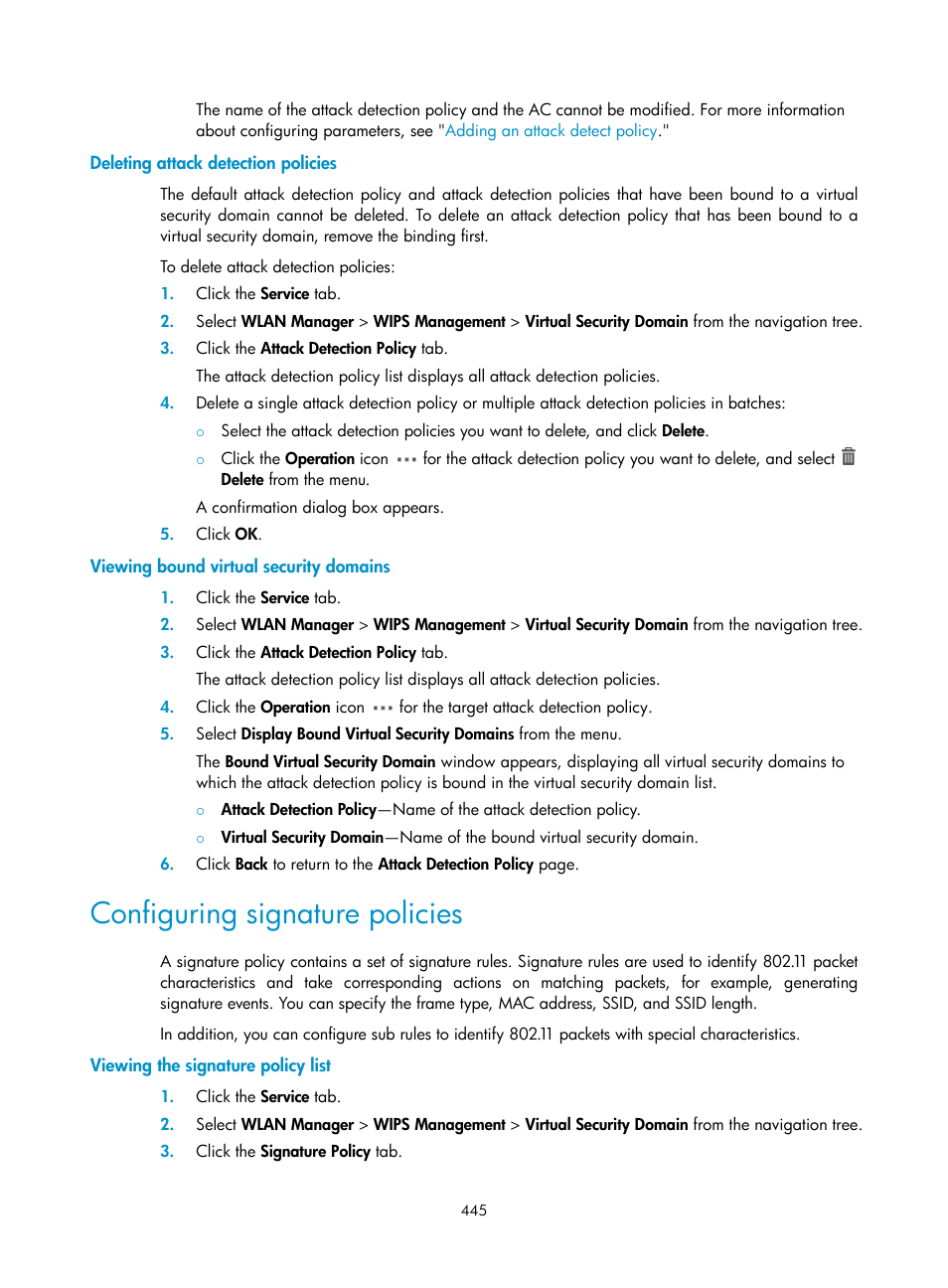 Deleting attack detection policies, Viewing bound virtual security domains, Configuring signature policies | Viewing the signature policy list | H3C Technologies H3C Intelligent Management Center User Manual | Page 467 / 751