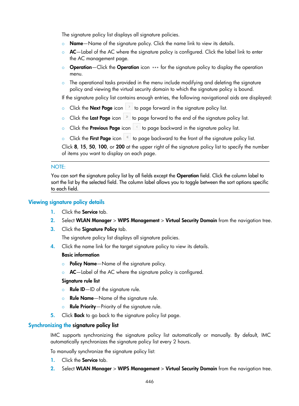 Viewing signature policy details, Synchronizing the signature policy list | H3C Technologies H3C Intelligent Management Center User Manual | Page 468 / 751