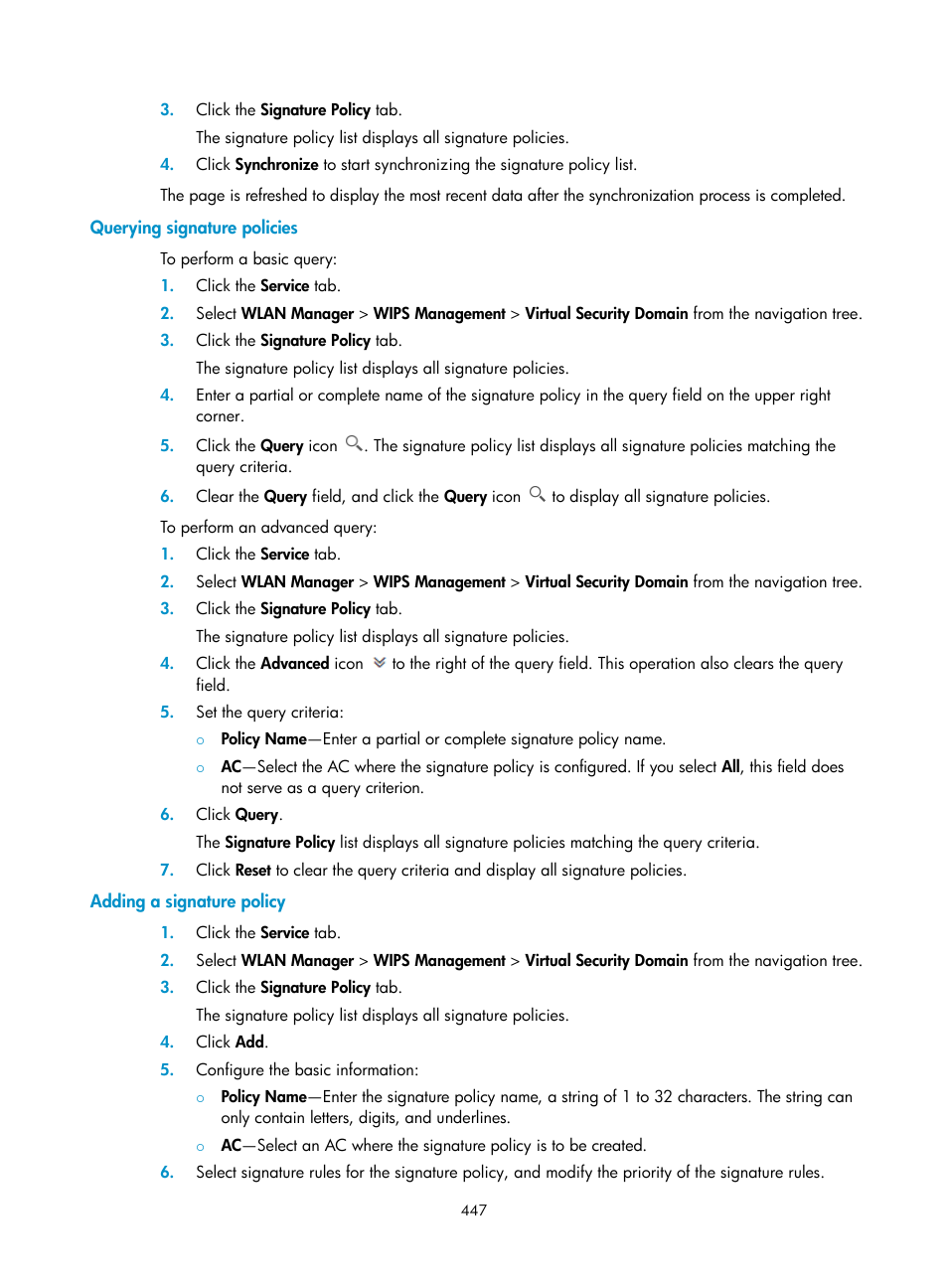 Querying signature policies, Adding a signature policy | H3C Technologies H3C Intelligent Management Center User Manual | Page 469 / 751