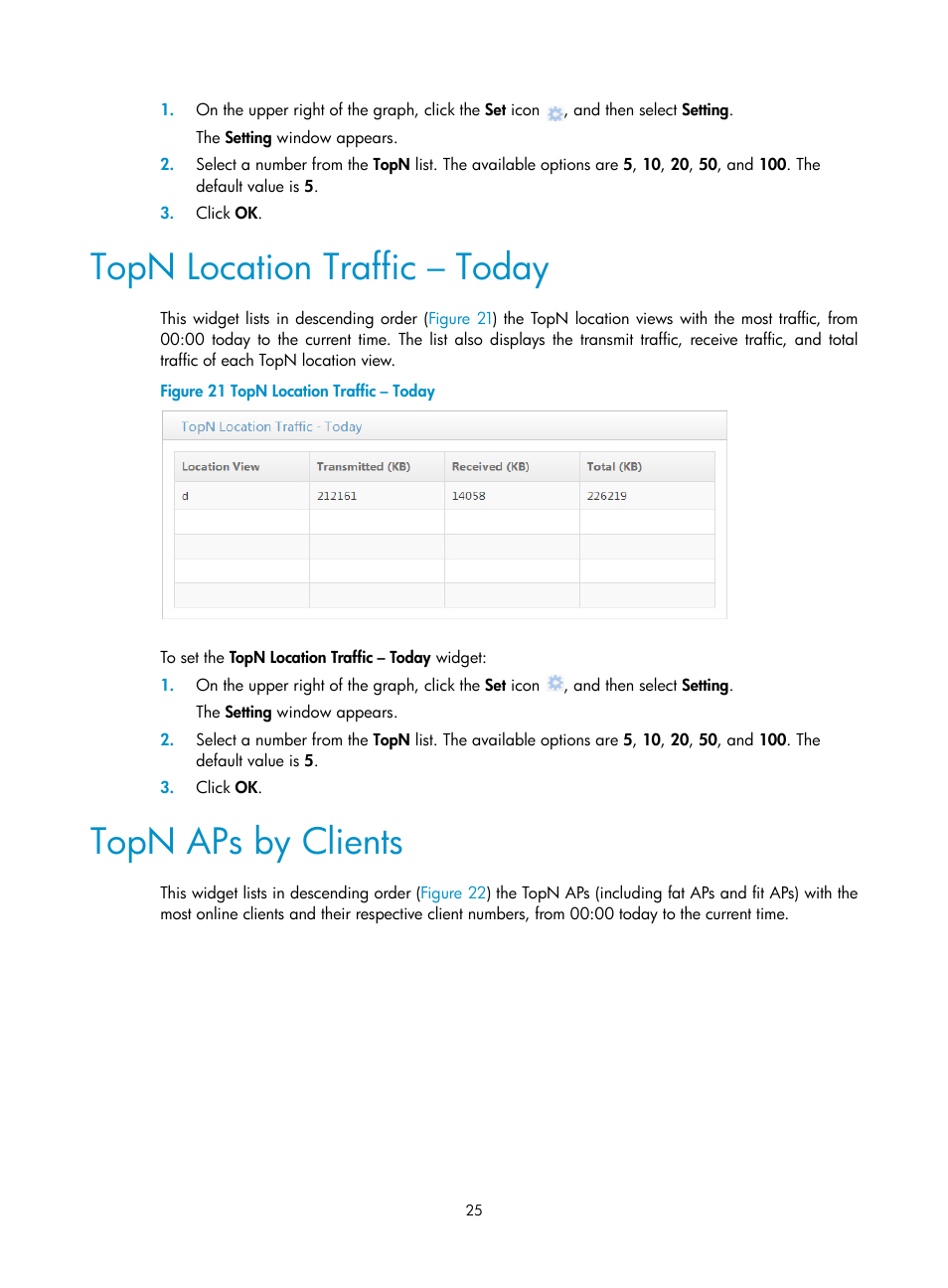 Topn location traffic – today, Topn aps by clients | H3C Technologies H3C Intelligent Management Center User Manual | Page 47 / 751