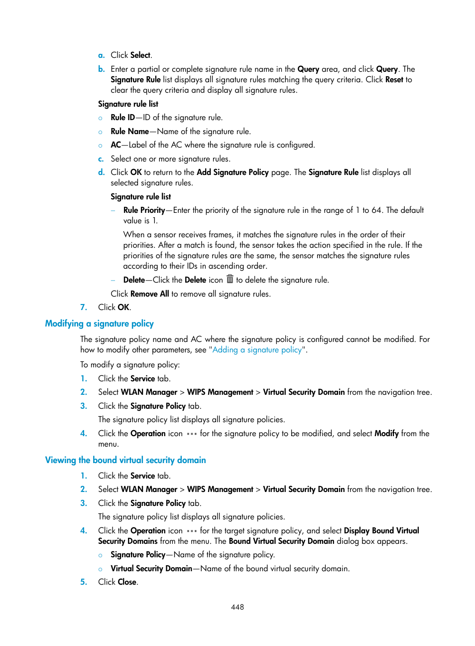 Modifying a signature policy, Viewing the bound virtual security domain | H3C Technologies H3C Intelligent Management Center User Manual | Page 470 / 751