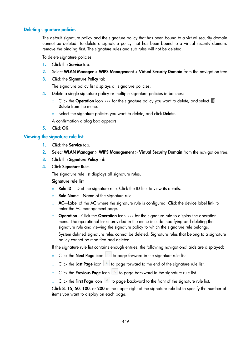 Deleting signature policies, Viewing the signature rule list | H3C Technologies H3C Intelligent Management Center User Manual | Page 471 / 751