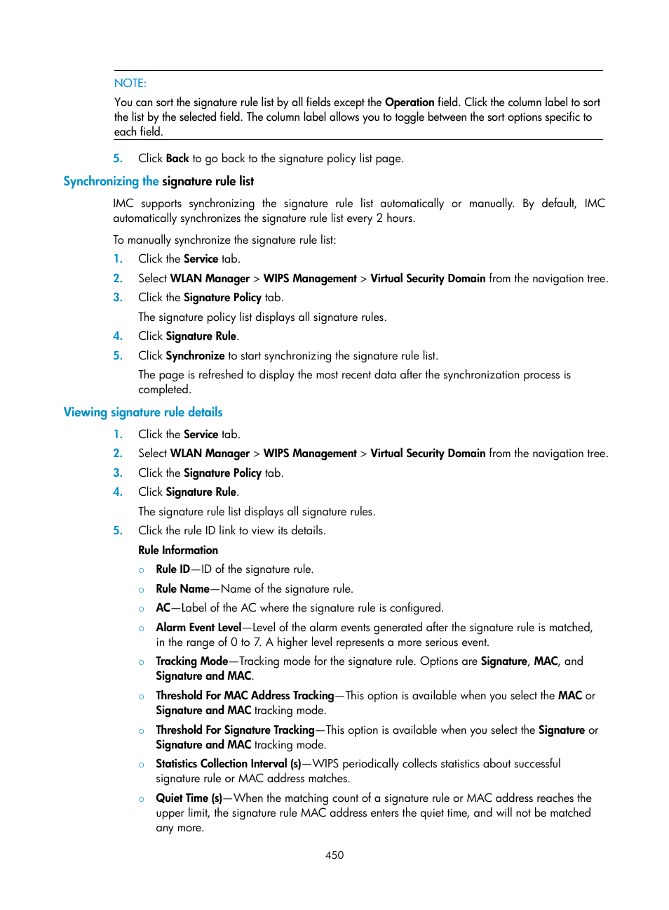 Synchronizing the signature rule list, Viewing signature rule details | H3C Technologies H3C Intelligent Management Center User Manual | Page 472 / 751