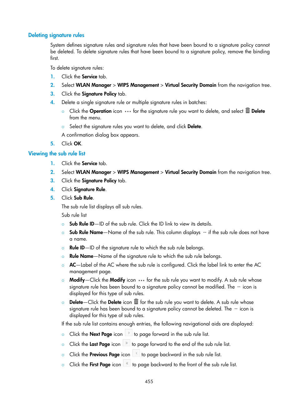 Deleting signature rules, Viewing the sub rule list | H3C Technologies H3C Intelligent Management Center User Manual | Page 477 / 751