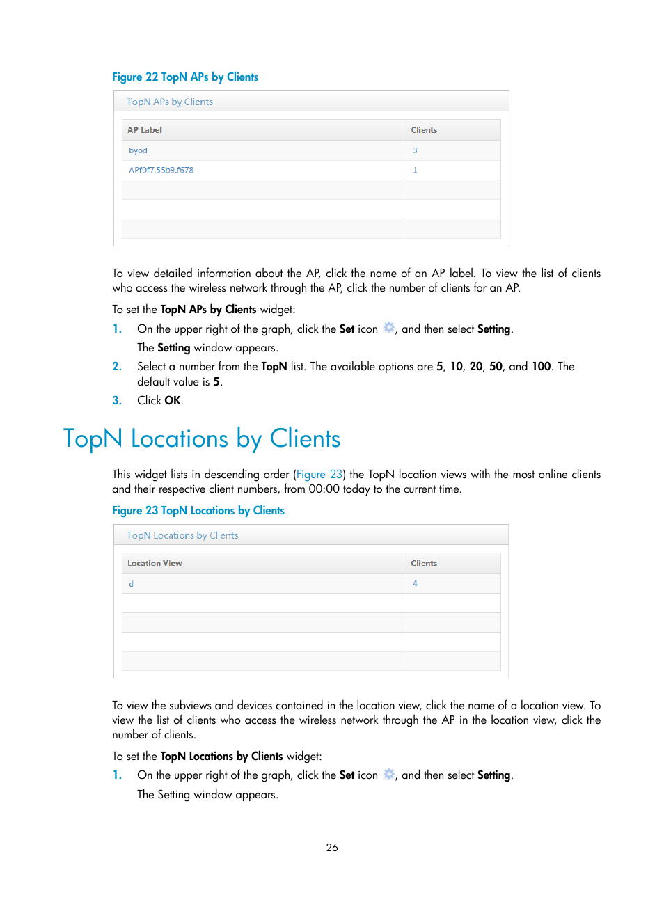 Topn locations by clients, Figure 22 | H3C Technologies H3C Intelligent Management Center User Manual | Page 48 / 751