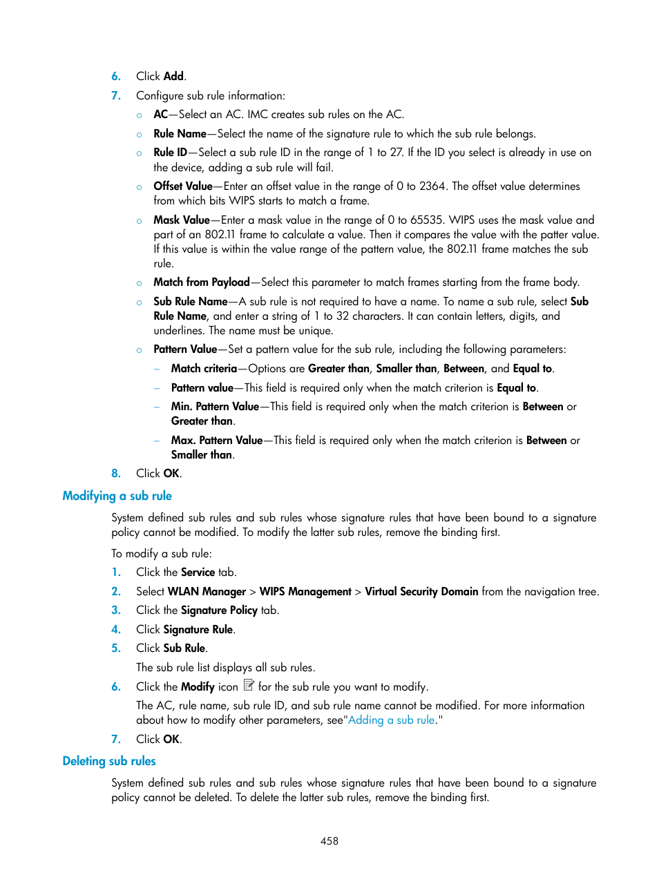 Modifying a sub rule, Deleting sub rules | H3C Technologies H3C Intelligent Management Center User Manual | Page 480 / 751