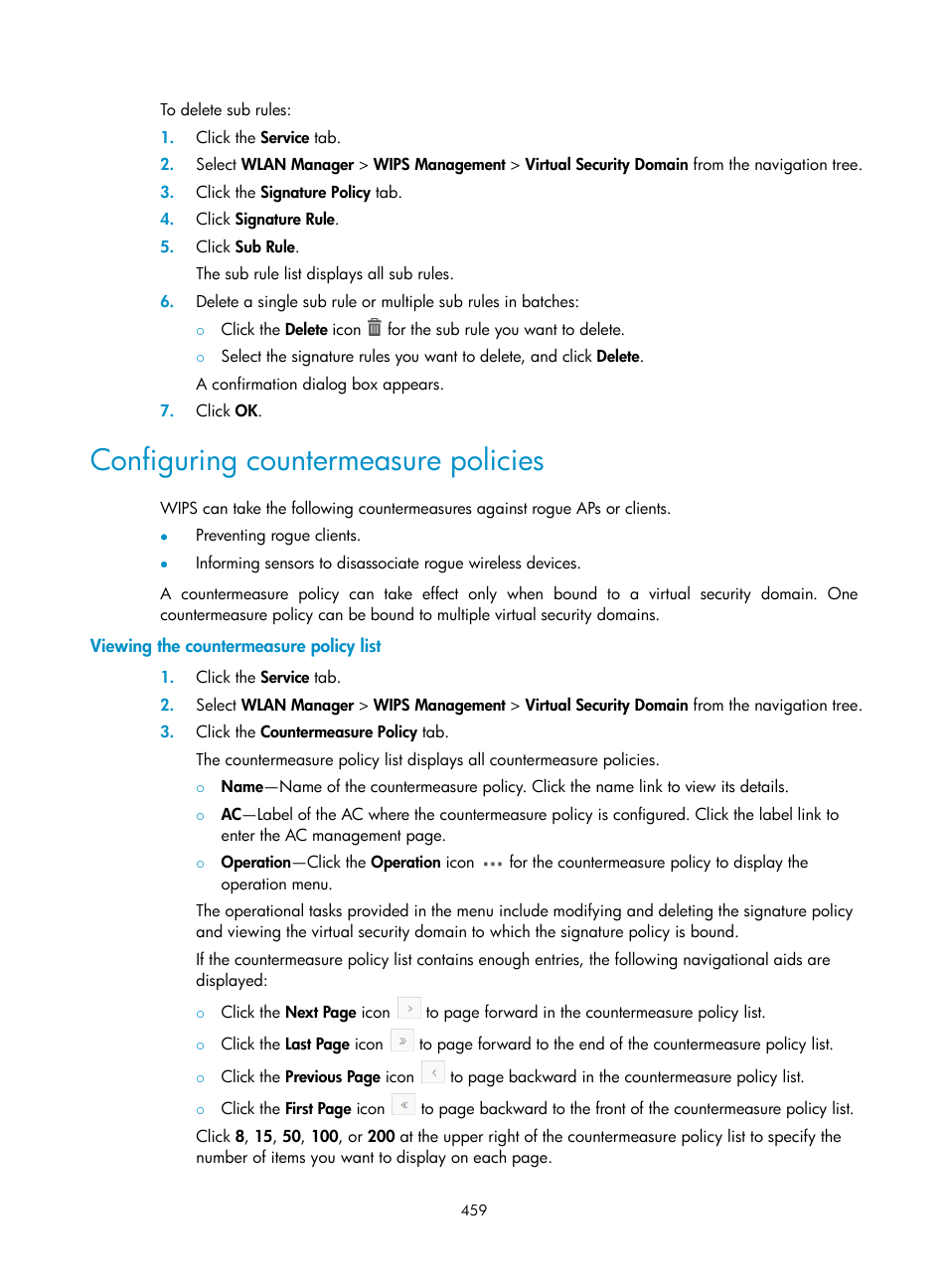 Configuring countermeasure policies, Viewing the countermeasure policy list | H3C Technologies H3C Intelligent Management Center User Manual | Page 481 / 751