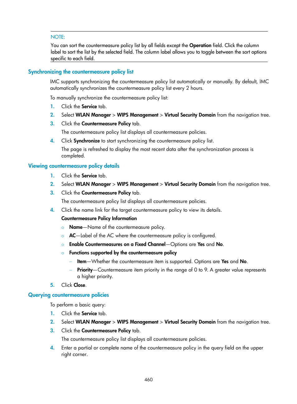 Synchronizing the countermeasure policy list, Viewing countermeasure policy details, Querying countermeasure policies | H3C Technologies H3C Intelligent Management Center User Manual | Page 482 / 751