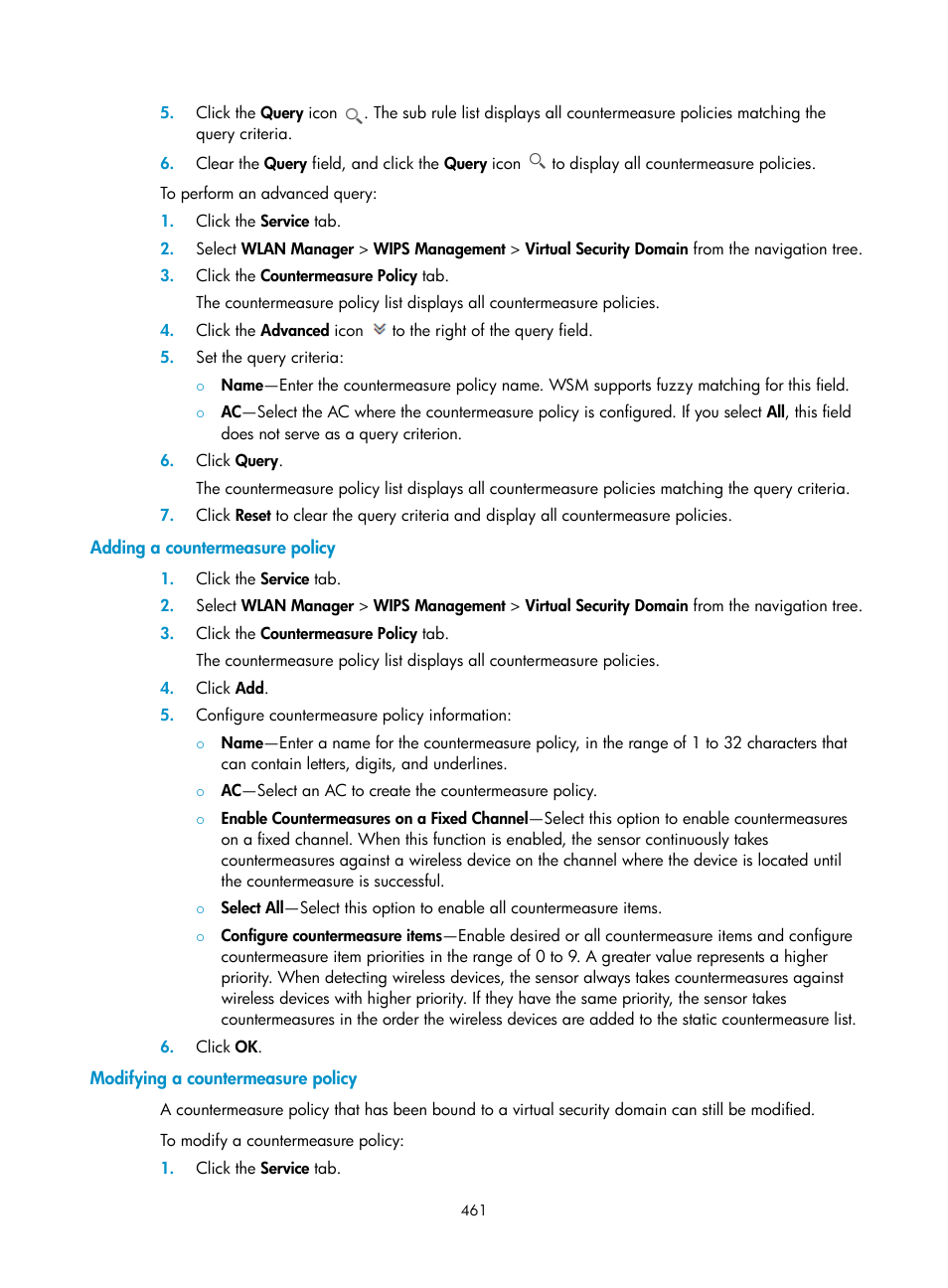 Adding a countermeasure policy, Modifying a countermeasure policy | H3C Technologies H3C Intelligent Management Center User Manual | Page 483 / 751