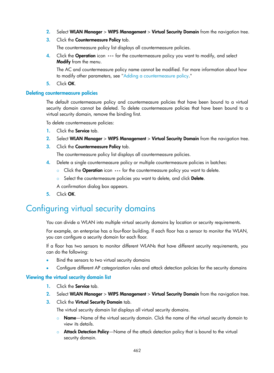 Deleting countermeasure policies, Configuring virtual security domains, Viewing the virtual security domain list | H3C Technologies H3C Intelligent Management Center User Manual | Page 484 / 751