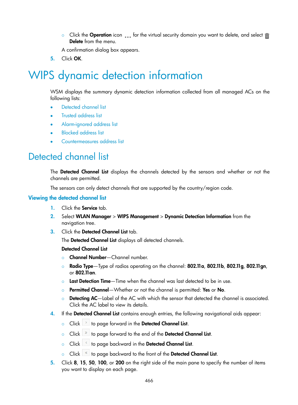 Wips dynamic detection information, Detected channel list, Viewing the detected channel list | H3C Technologies H3C Intelligent Management Center User Manual | Page 488 / 751