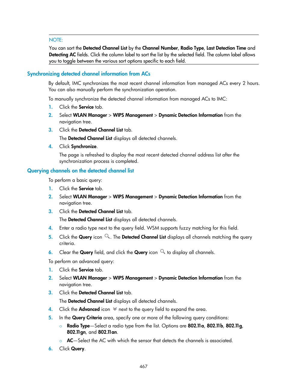 Querying channels on the detected channel list | H3C Technologies H3C Intelligent Management Center User Manual | Page 489 / 751