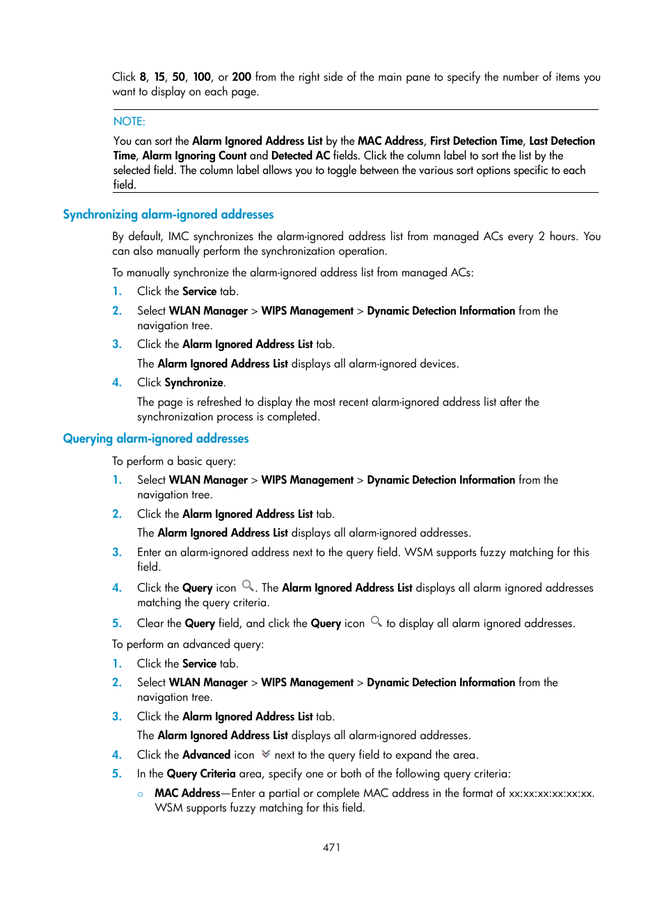 Synchronizing alarm-ignored addresses, Querying alarm-ignored addresses | H3C Technologies H3C Intelligent Management Center User Manual | Page 493 / 751