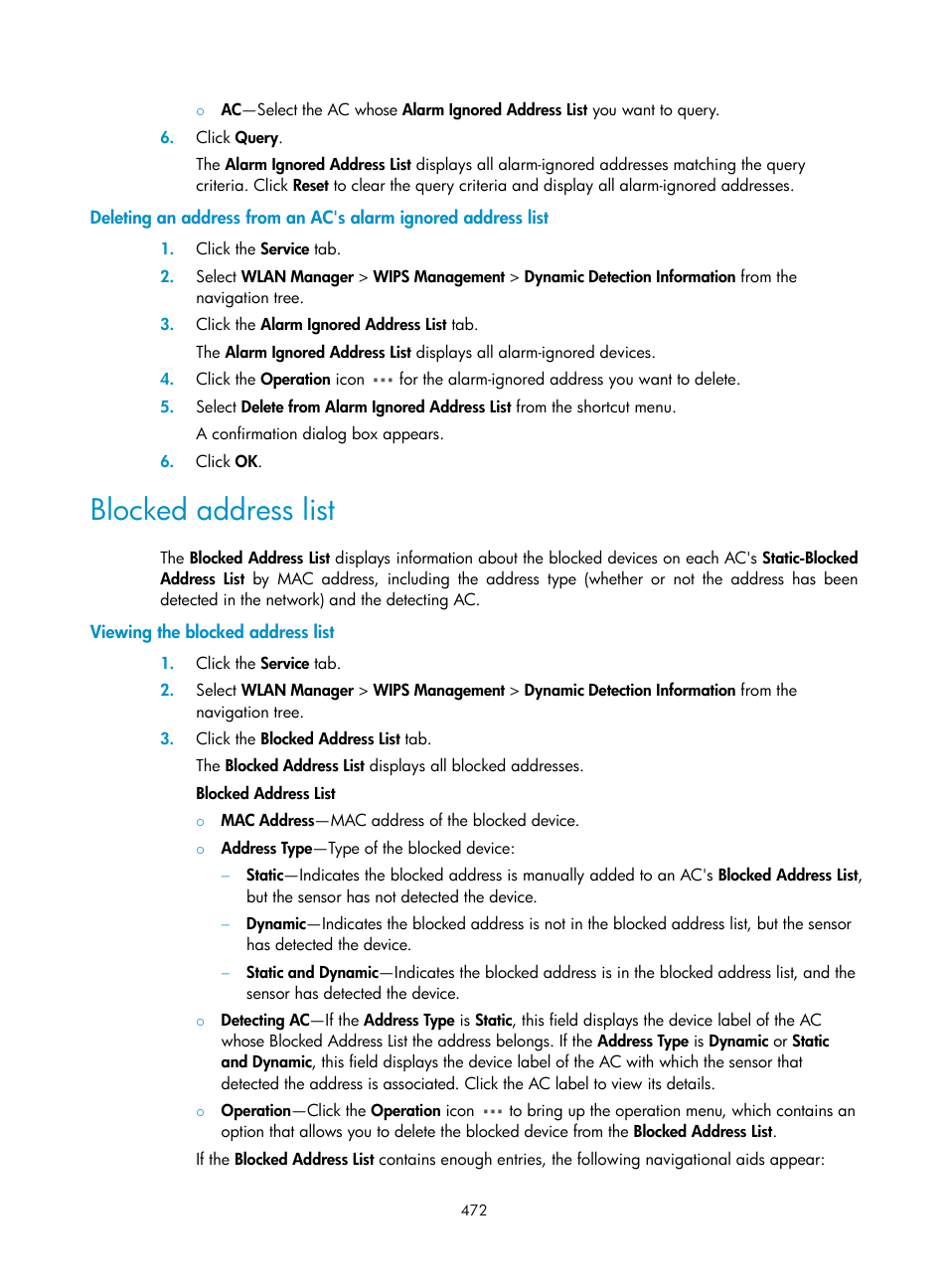 Blocked address list, Viewing the blocked address list | H3C Technologies H3C Intelligent Management Center User Manual | Page 494 / 751