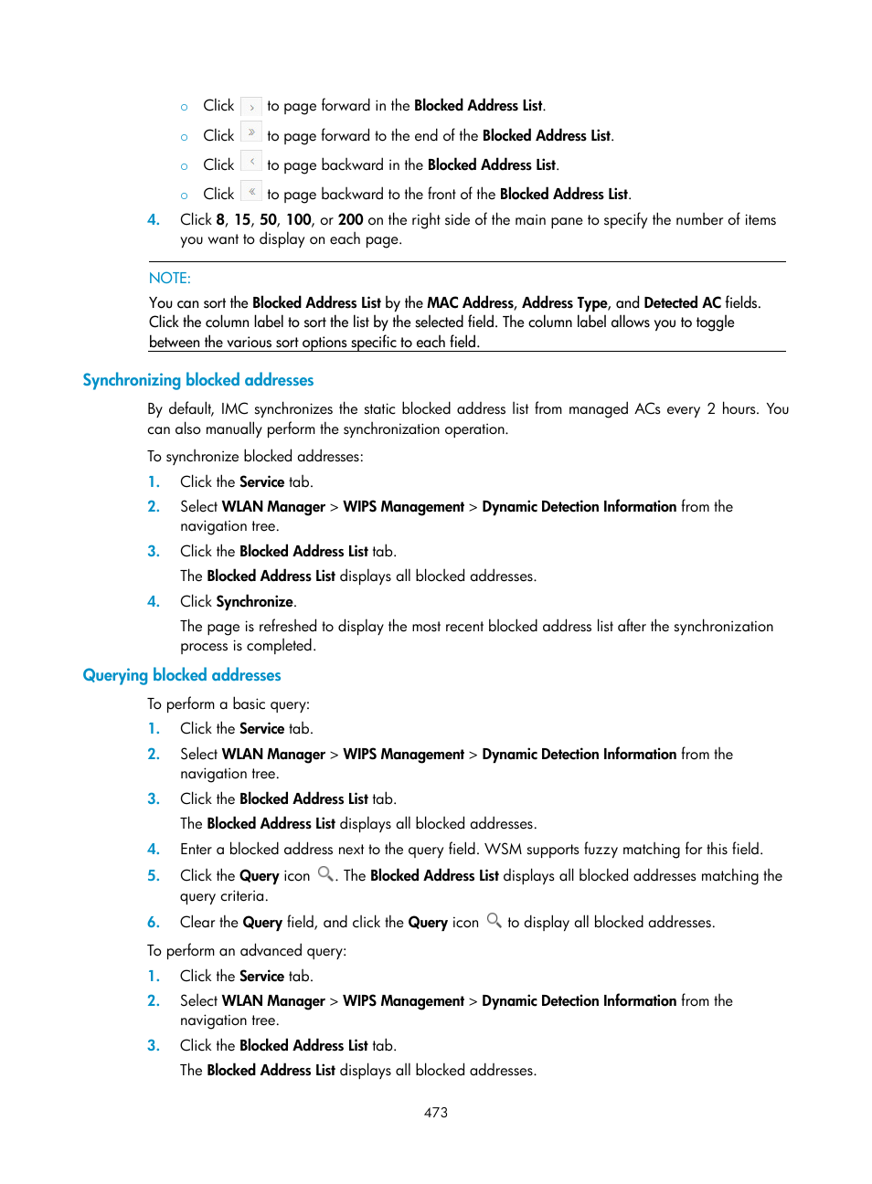 Synchronizing blocked addresses, Querying blocked addresses | H3C Technologies H3C Intelligent Management Center User Manual | Page 495 / 751