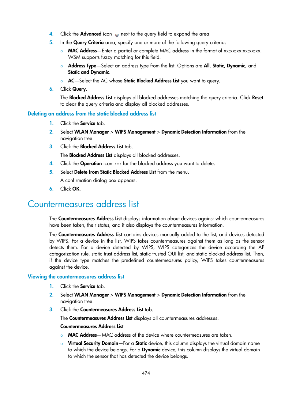 Countermeasures address list, Viewing the countermeasures address list | H3C Technologies H3C Intelligent Management Center User Manual | Page 496 / 751