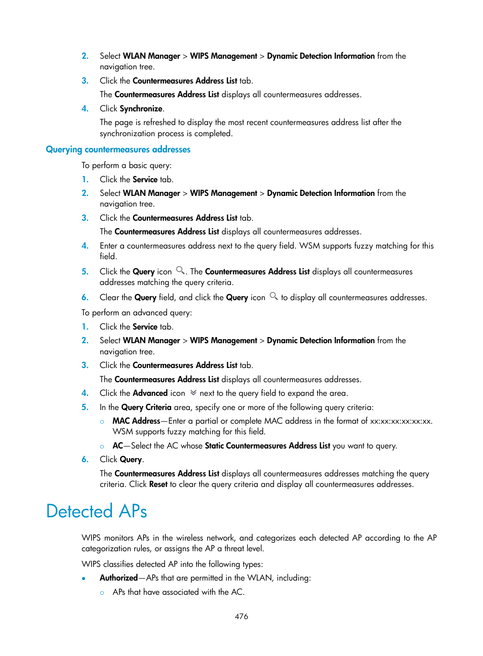 Querying countermeasures addresses, Detected aps | H3C Technologies H3C Intelligent Management Center User Manual | Page 498 / 751