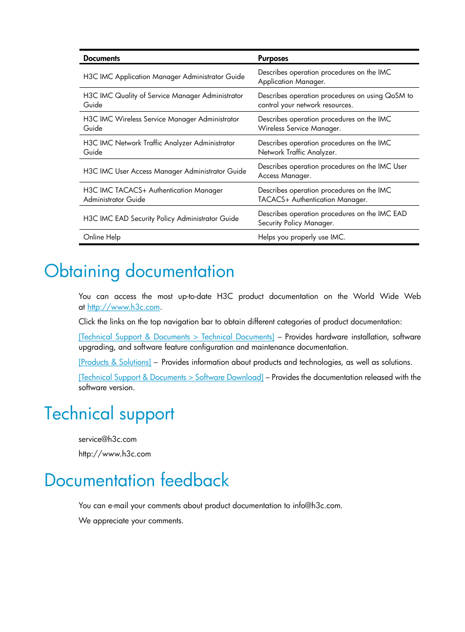 Obtaining documentation, Technical support, Documentation feedback | H3C Technologies H3C Intelligent Management Center User Manual | Page 5 / 751