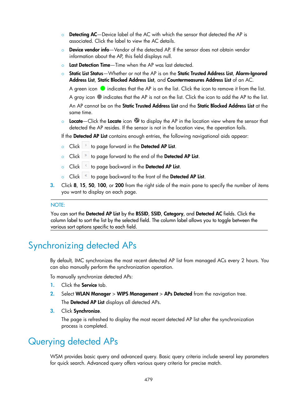 Synchronizing detected aps, Querying detected aps | H3C Technologies H3C Intelligent Management Center User Manual | Page 501 / 751