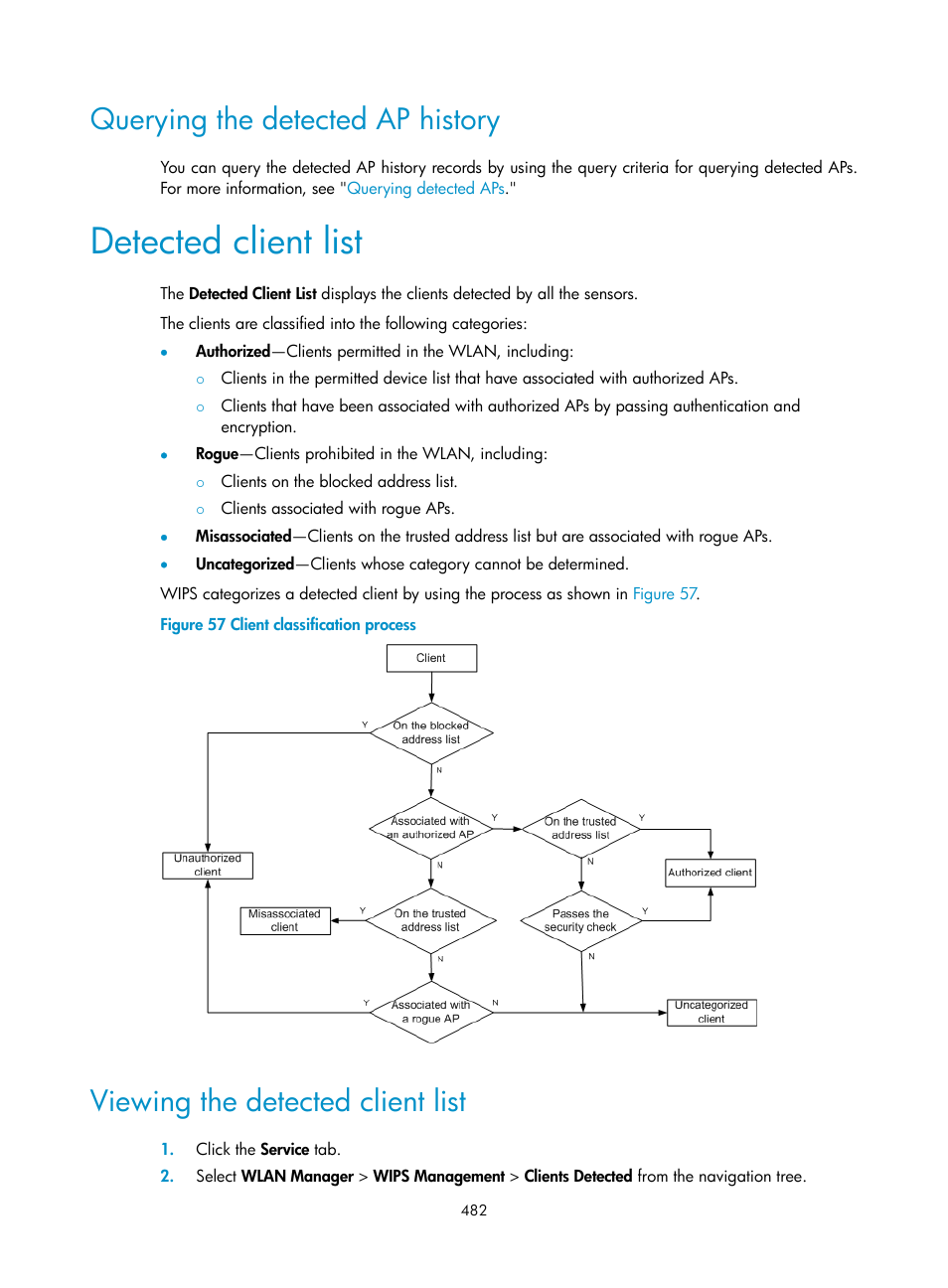 Querying the detected ap history, Detected client list, Viewing the detected client list | H3C Technologies H3C Intelligent Management Center User Manual | Page 504 / 751