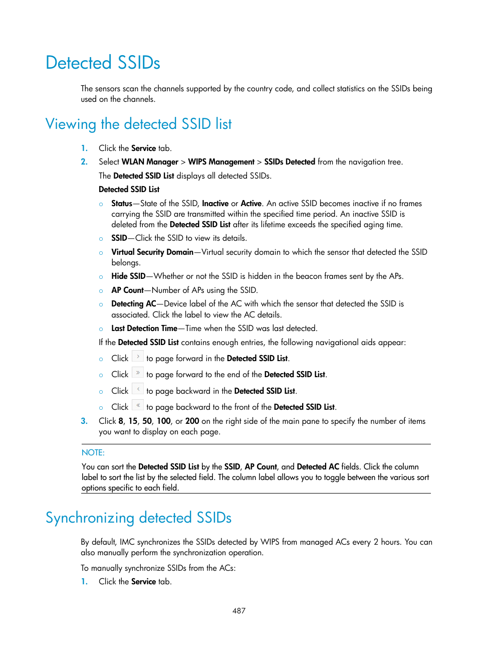 Detected ssids, Viewing the detected ssid list, Synchronizing detected ssids | H3C Technologies H3C Intelligent Management Center User Manual | Page 509 / 751