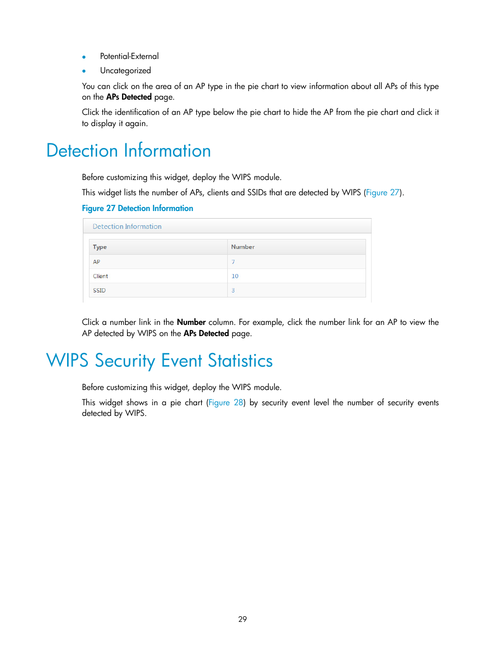 Detection information, Wips security event statistics | H3C Technologies H3C Intelligent Management Center User Manual | Page 51 / 751