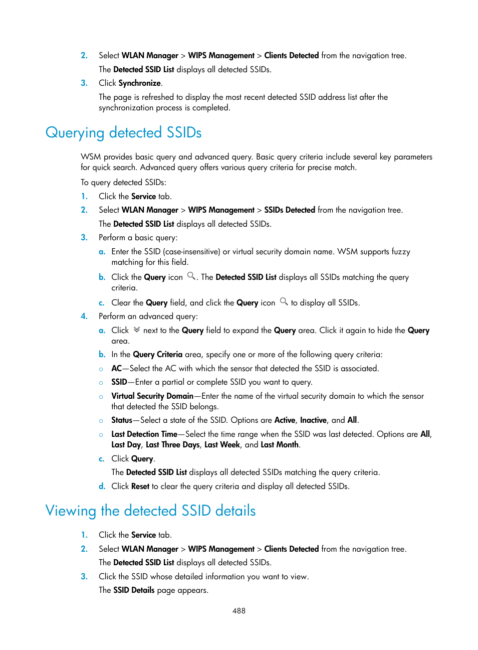 Querying detected ssids, Viewing the detected ssid details | H3C Technologies H3C Intelligent Management Center User Manual | Page 510 / 751