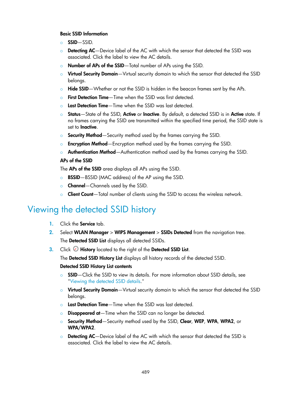 Viewing the detected ssid history | H3C Technologies H3C Intelligent Management Center User Manual | Page 511 / 751