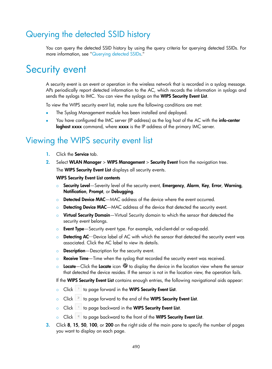 Querying the detected ssid history, Security event, Viewing the wips security event list | H3C Technologies H3C Intelligent Management Center User Manual | Page 512 / 751