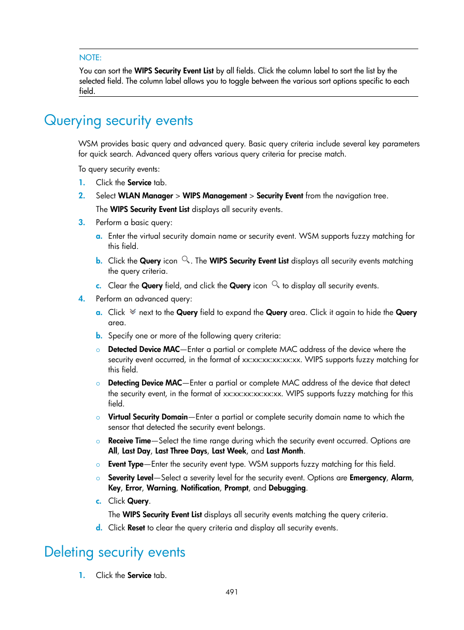 Querying security events, Deleting security events | H3C Technologies H3C Intelligent Management Center User Manual | Page 513 / 751