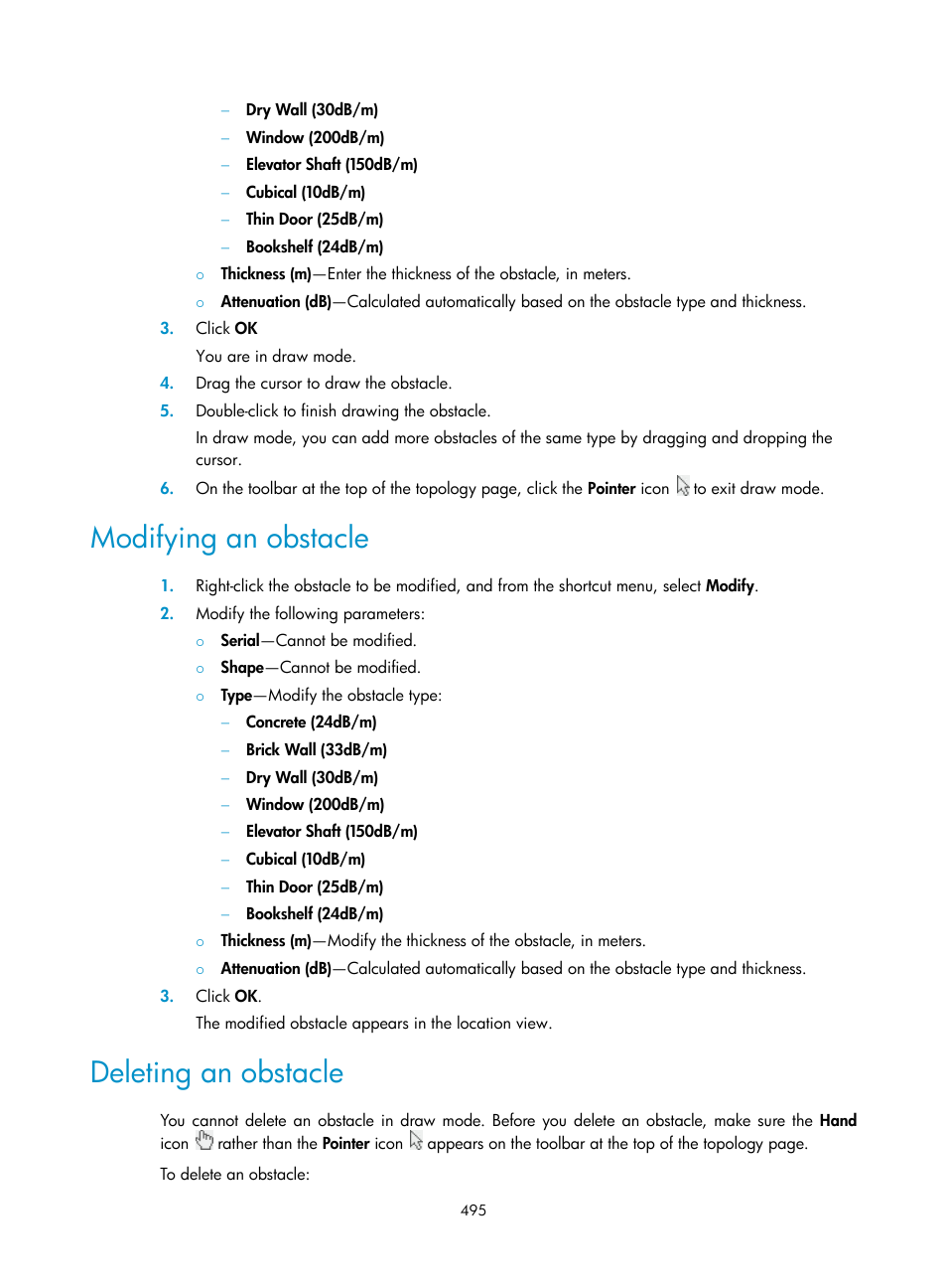 Modifying an obstacle, Deleting an obstacle | H3C Technologies H3C Intelligent Management Center User Manual | Page 517 / 751