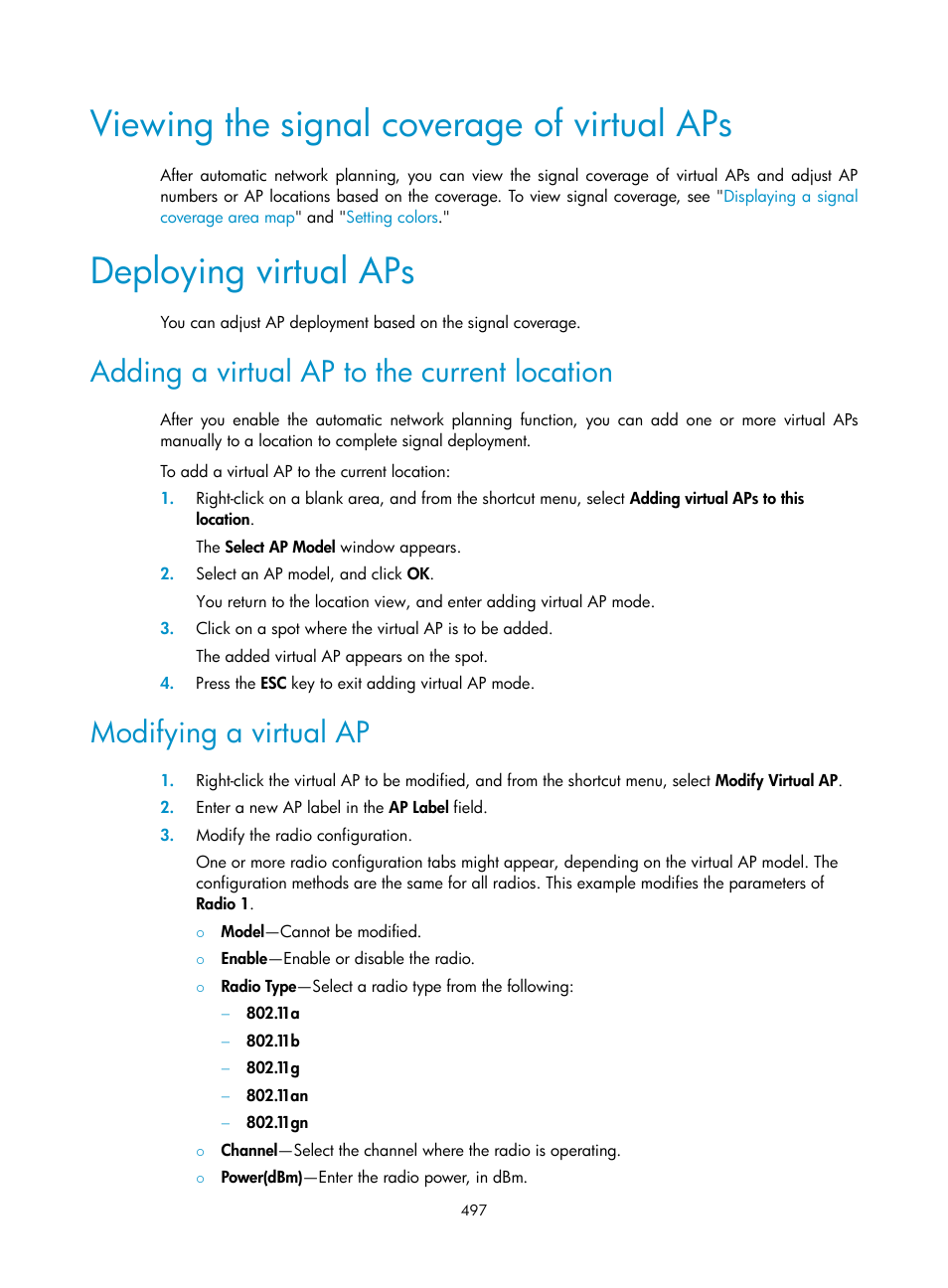 Viewing the signal coverage of virtual aps, Deploying virtual aps, Adding a virtual ap to the current location | Modifying a virtual ap | H3C Technologies H3C Intelligent Management Center User Manual | Page 519 / 751