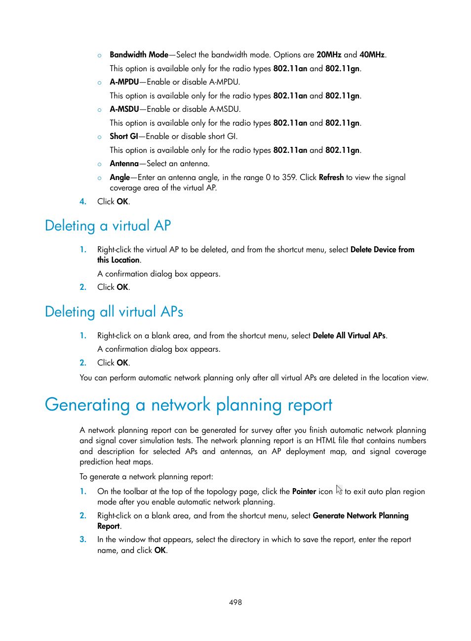 Deleting a virtual ap, Deleting all virtual aps, Generating a network planning report | H3C Technologies H3C Intelligent Management Center User Manual | Page 520 / 751