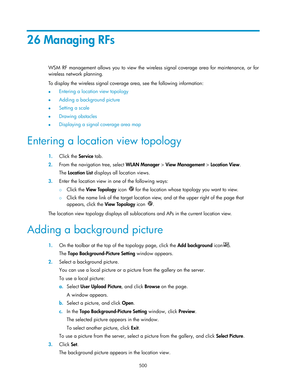 26 managing rfs, Entering a location view topology, Adding a background picture | H3C Technologies H3C Intelligent Management Center User Manual | Page 522 / 751