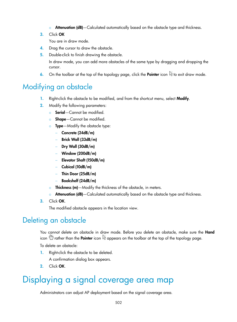 Modifying an obstacle, Deleting an obstacle, Displaying a signal coverage area map | Displaying a signal, Coverage area map | H3C Technologies H3C Intelligent Management Center User Manual | Page 524 / 751