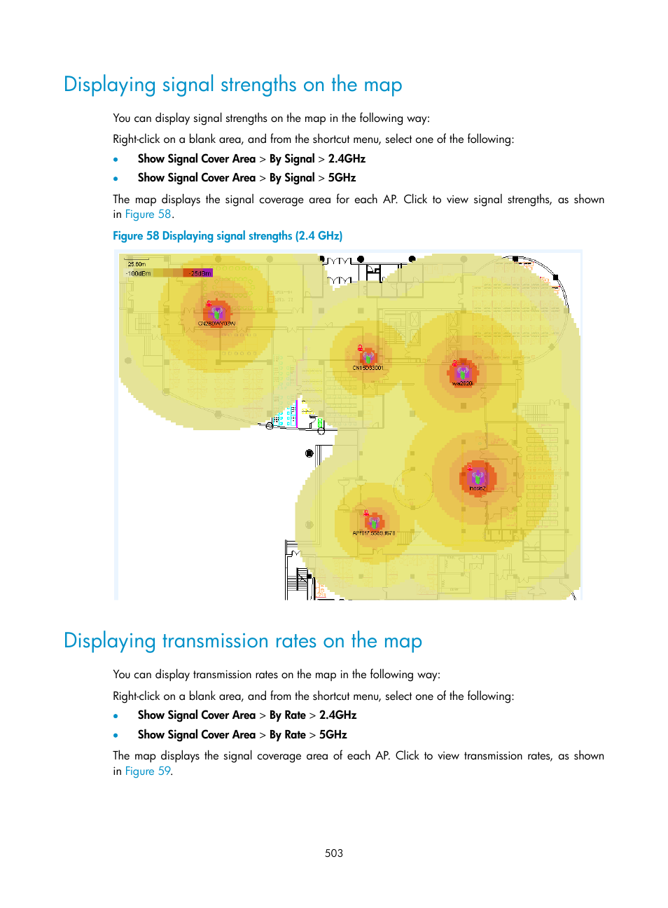 Displaying signal strengths on the map, Displaying transmission rates on the map | H3C Technologies H3C Intelligent Management Center User Manual | Page 525 / 751