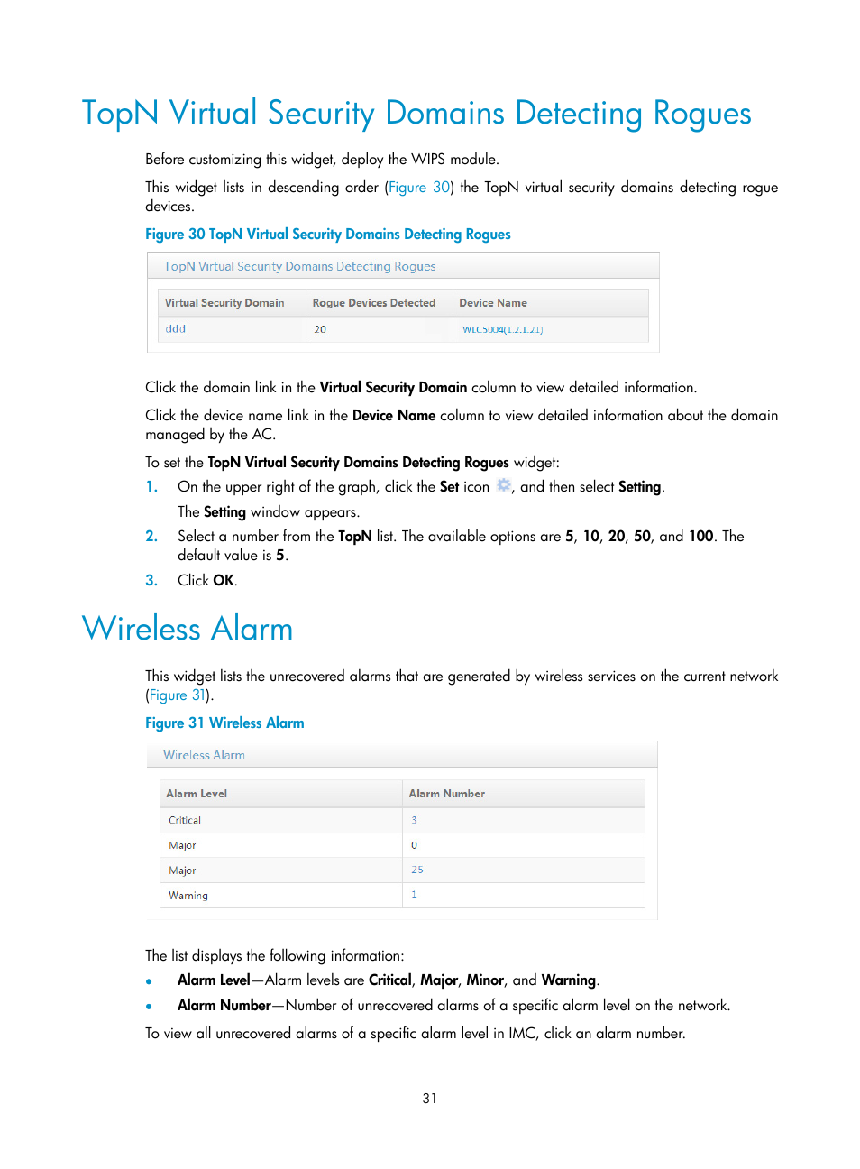 Topn virtual security domains detecting rogues, Wireless alarm | H3C Technologies H3C Intelligent Management Center User Manual | Page 53 / 751