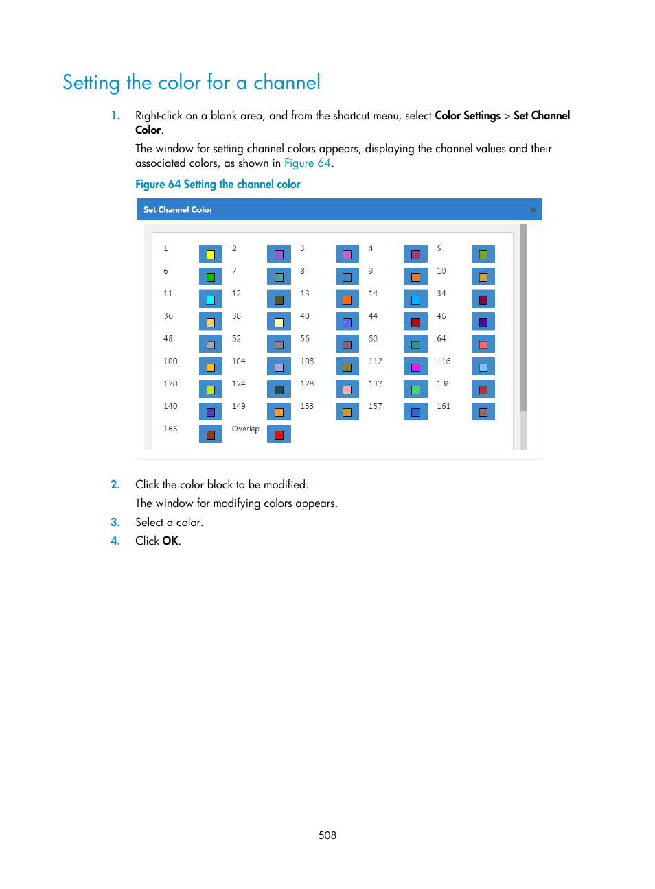 Setting the color for a channel | H3C Technologies H3C Intelligent Management Center User Manual | Page 530 / 751