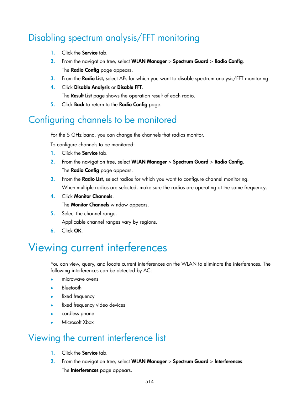 Disabling spectrum analysis/fft monitoring, Configuring channels to be monitored, Viewing current interferences | Viewing the current interference list | H3C Technologies H3C Intelligent Management Center User Manual | Page 536 / 751