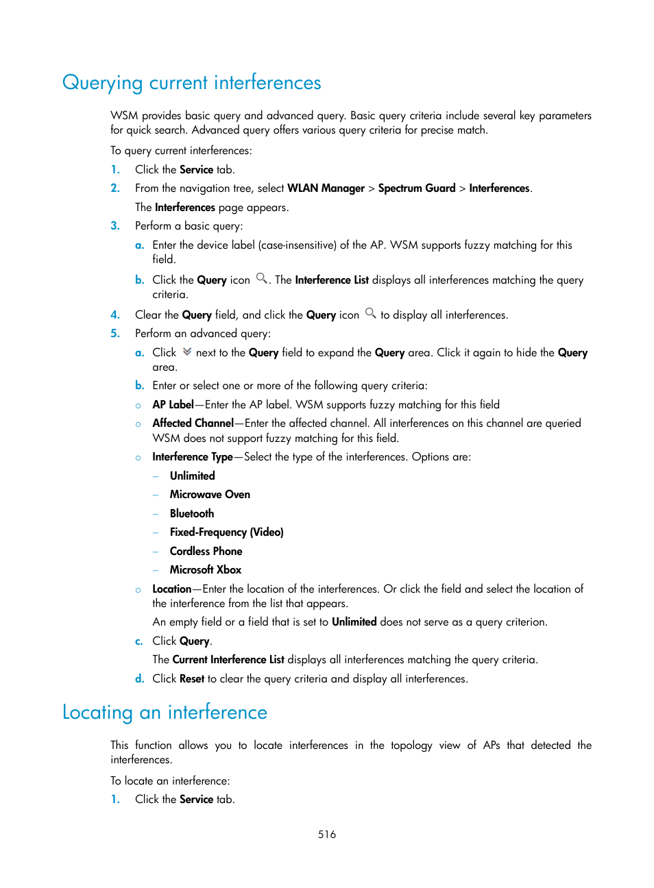 Querying current interferences, Locating an interference | H3C Technologies H3C Intelligent Management Center User Manual | Page 538 / 751