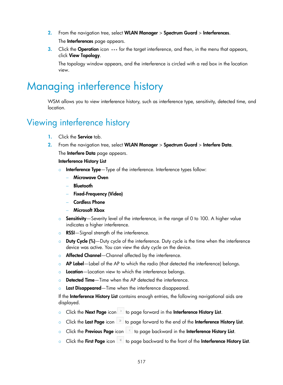 Managing interference history, Viewing interference history | H3C Technologies H3C Intelligent Management Center User Manual | Page 539 / 751