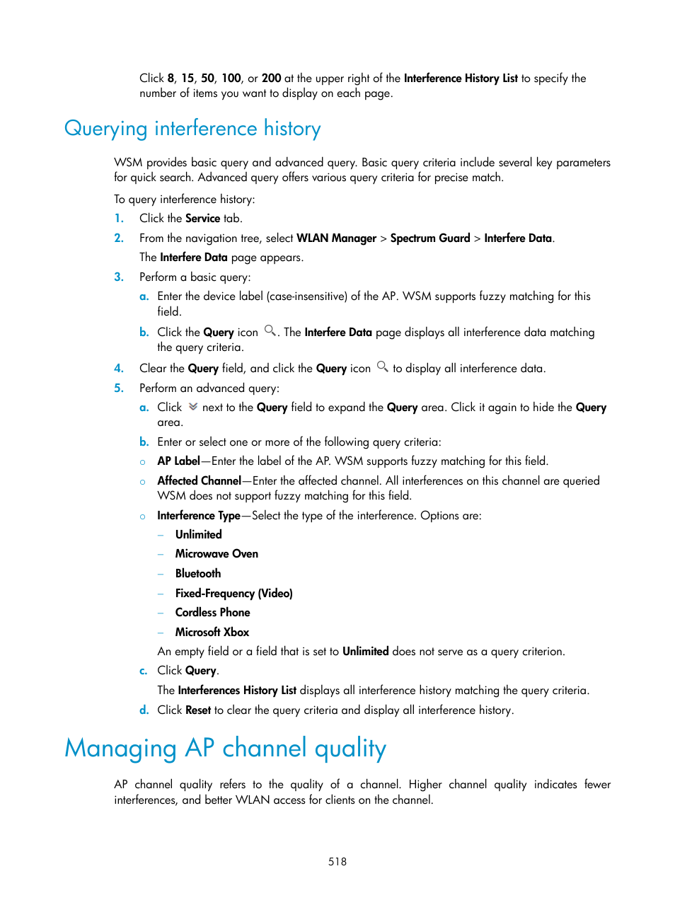 Querying interference history, Managing ap channel quality | H3C Technologies H3C Intelligent Management Center User Manual | Page 540 / 751