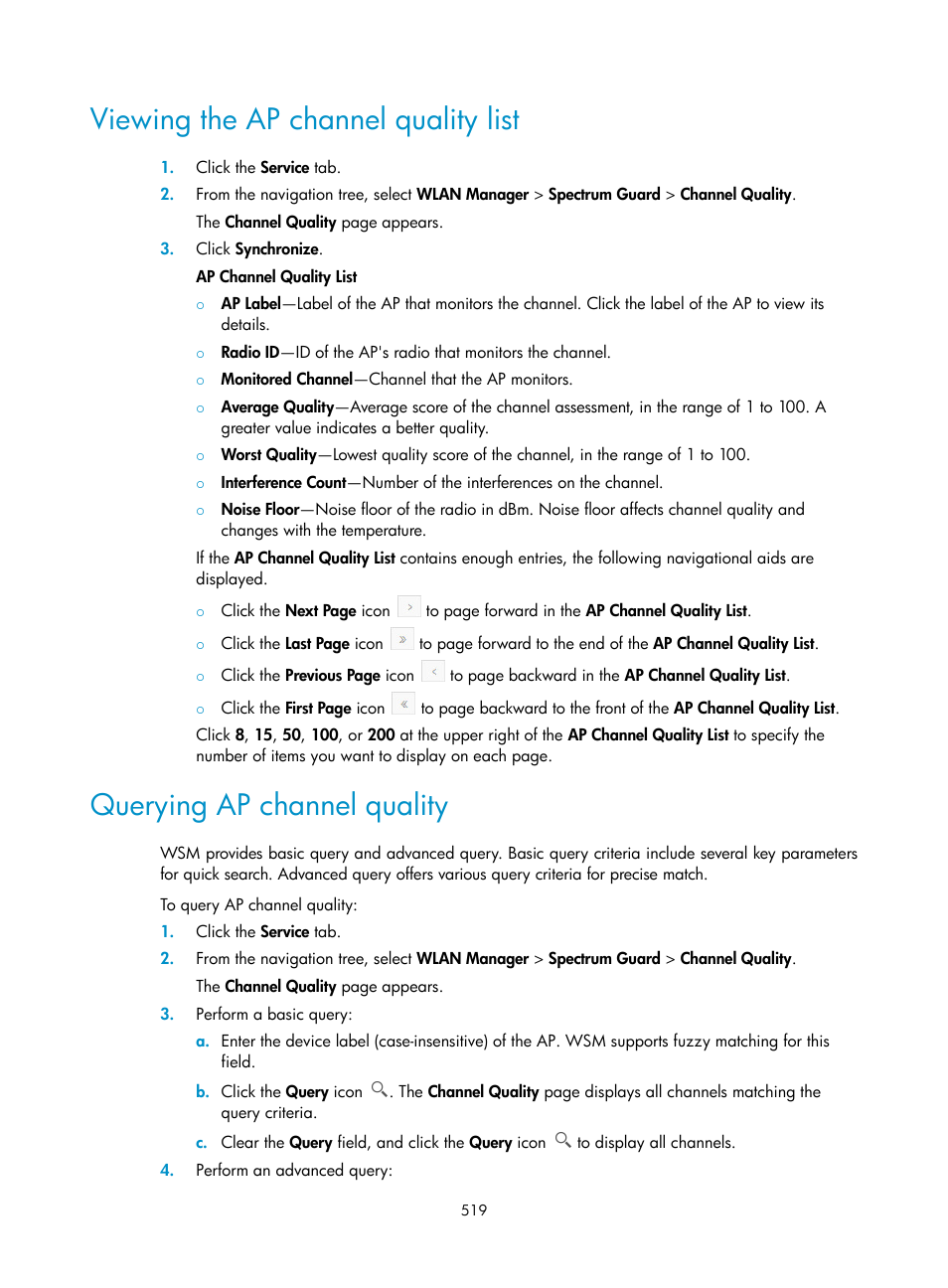 Viewing the ap channel quality list, Querying ap channel quality | H3C Technologies H3C Intelligent Management Center User Manual | Page 541 / 751