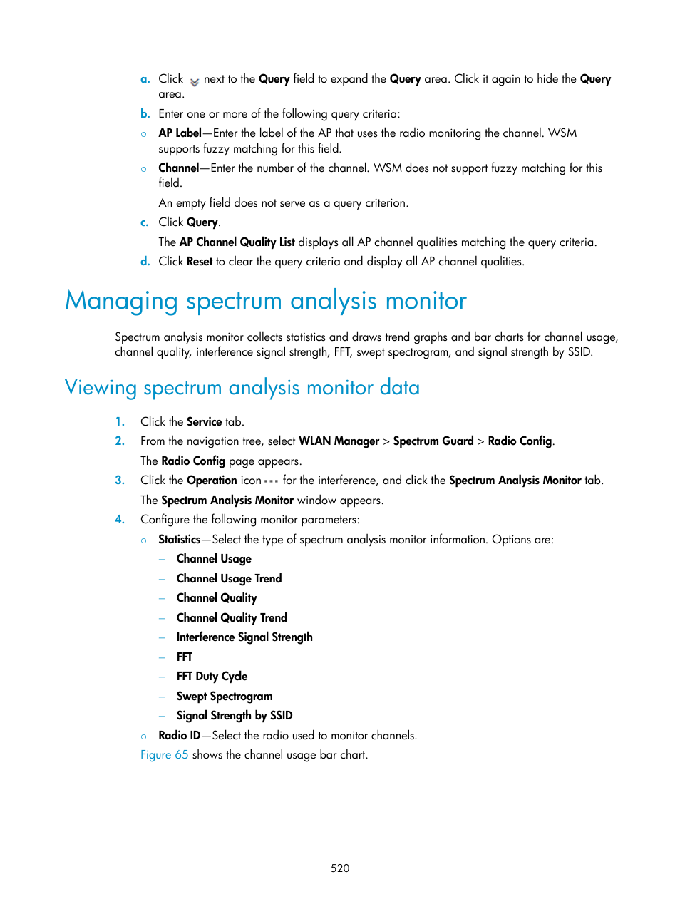 Managing spectrum analysis monitor, Viewing spectrum analysis monitor data | H3C Technologies H3C Intelligent Management Center User Manual | Page 542 / 751